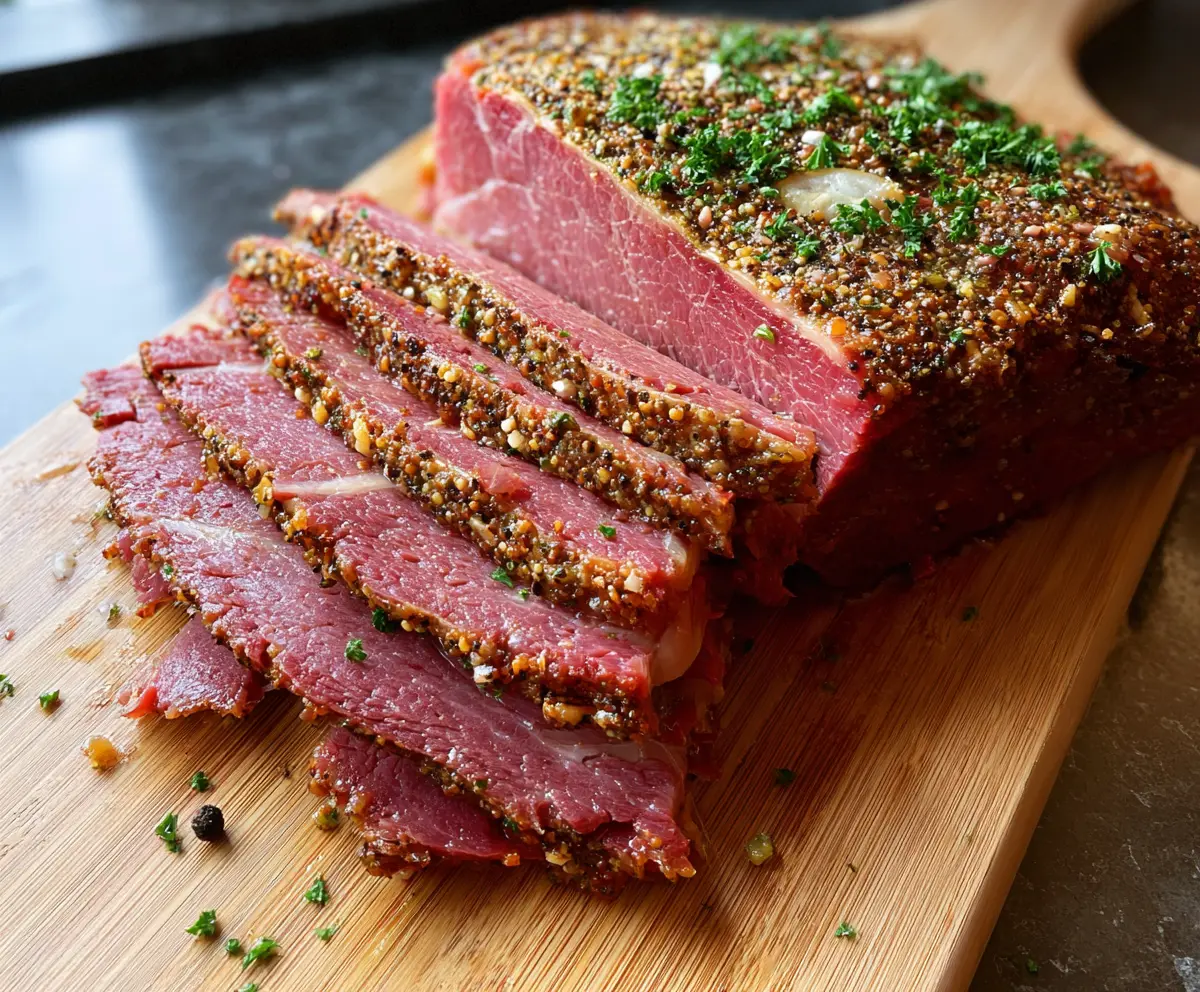 Delicious roasted corned beef served with crispy vegetables on a rustic plate