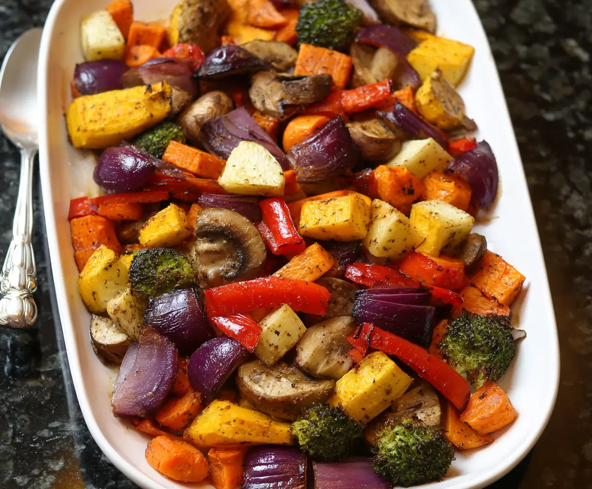 Colorful roasted vegetables including bell peppers, carrots, and zucchini on a baking sheet.