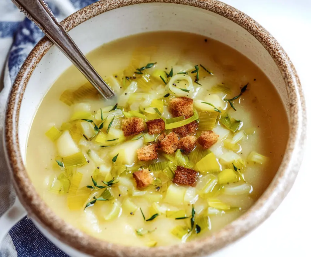 Heaping bowl of creamy rustic potato leek soup garnished with fresh herbs, served in a rustic kitchen setting.
