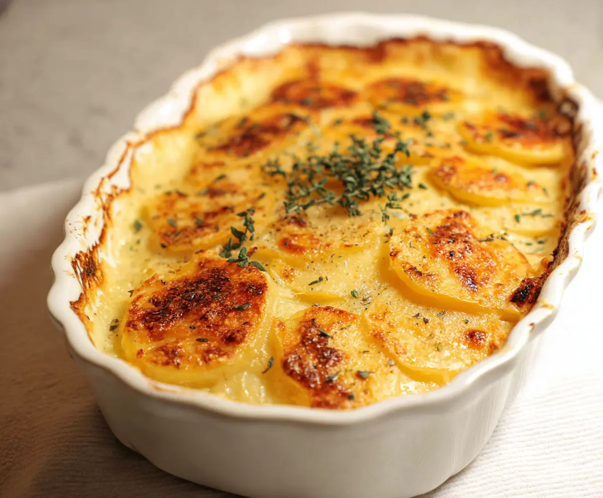 Creamy scalloped potatoes baked to golden perfection with crispy edges.