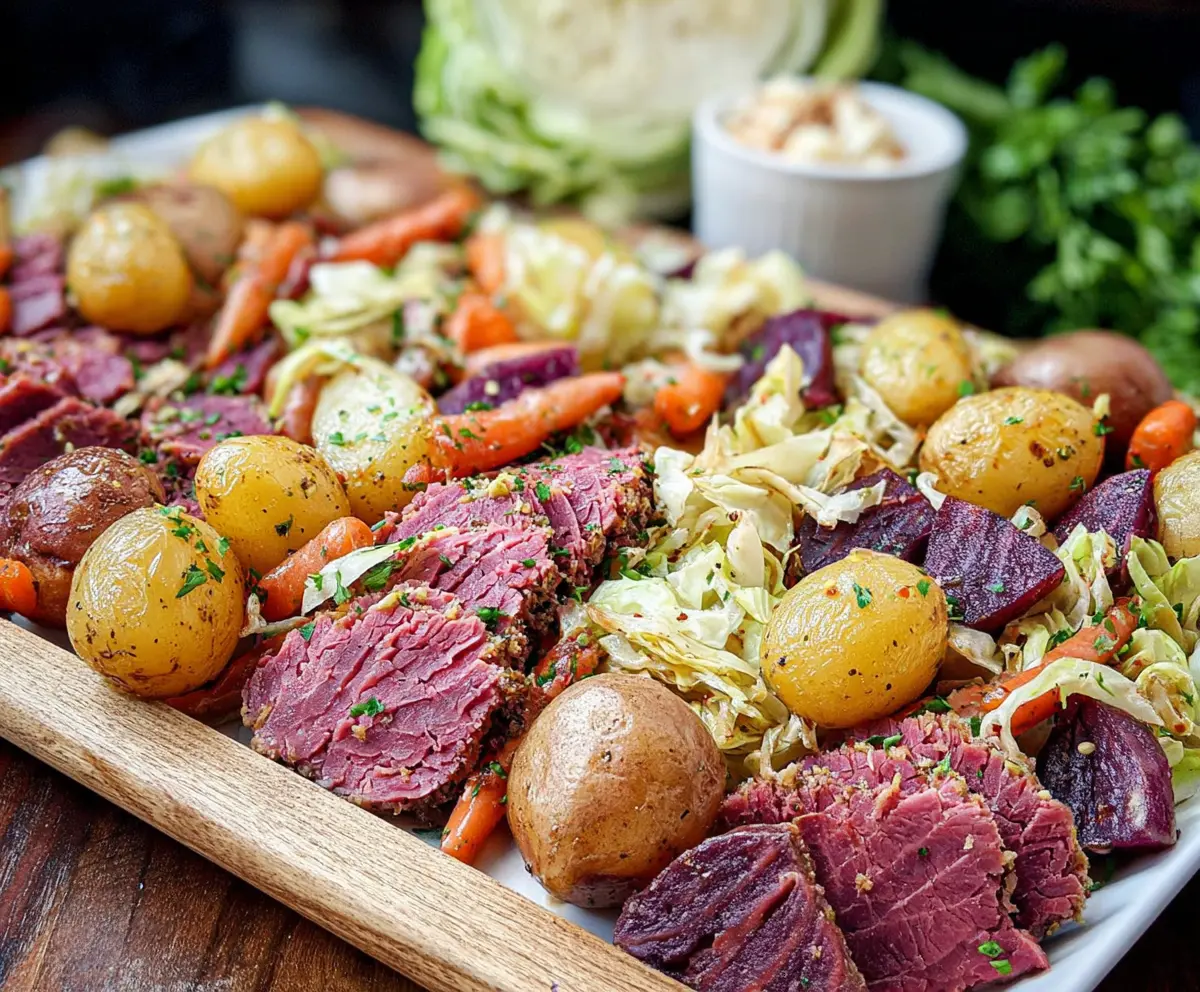 Delicious sheet pan corned beef with tender cabbage and potatoes ready for a hearty meal
