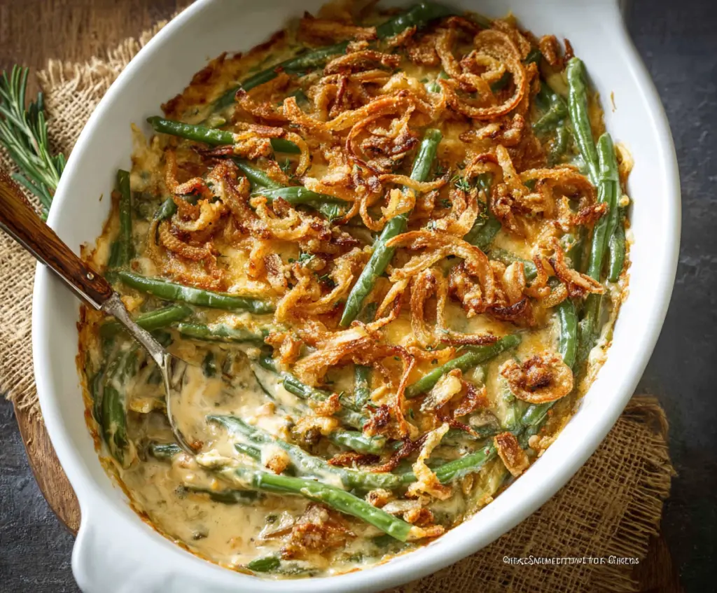 Delicious homemade green bean casserole with crispy onions served in a casserole dish.
