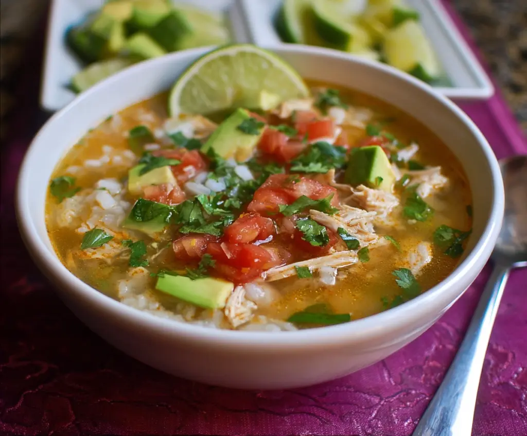 Delicious Slow Cooker Mexican Chicken Lime Soup with fresh herbs and vibrant lime slices.