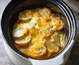 Creamy slow cooker scalloped potatoes with cheese and herbs served in a rustic bowl.