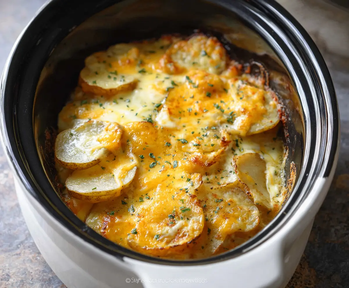 Creamy slow cooker scalloped potatoes with cheese and herbs served in a rustic bowl.