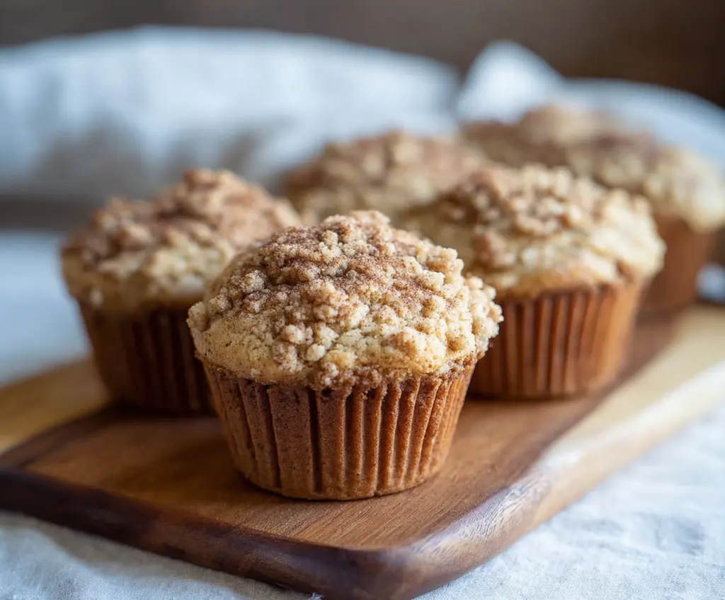 Delicious sourdough discard cinnamon streusel muffins freshly baked and golden brown.