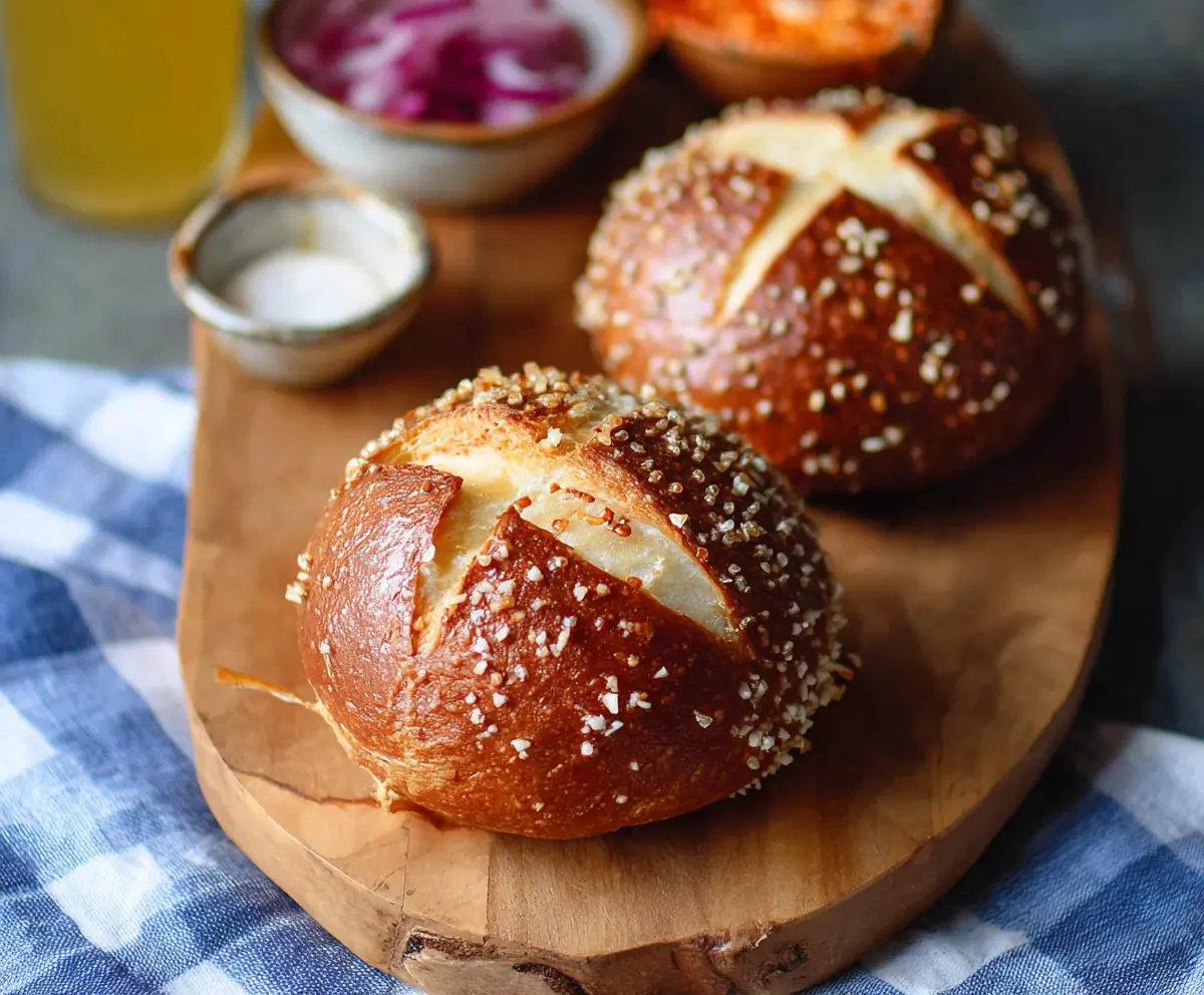 Freshly baked sourdough discard pretzel buns with a golden crust on a baking tray.