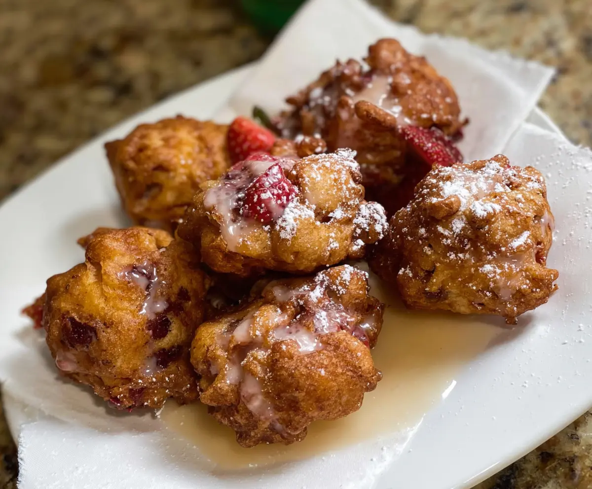 Golden sourdough discard strawberry fritters dusted with powdered sugar on a white plate.