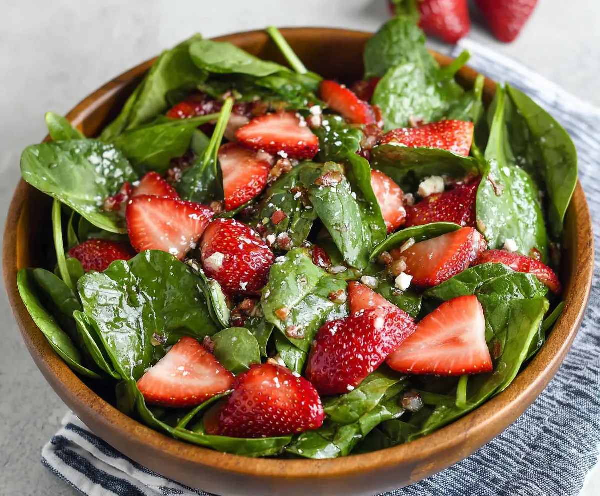 Fresh spinach and sliced strawberries in a colorful salad bowl, healthy Spinach Strawberry Salad.