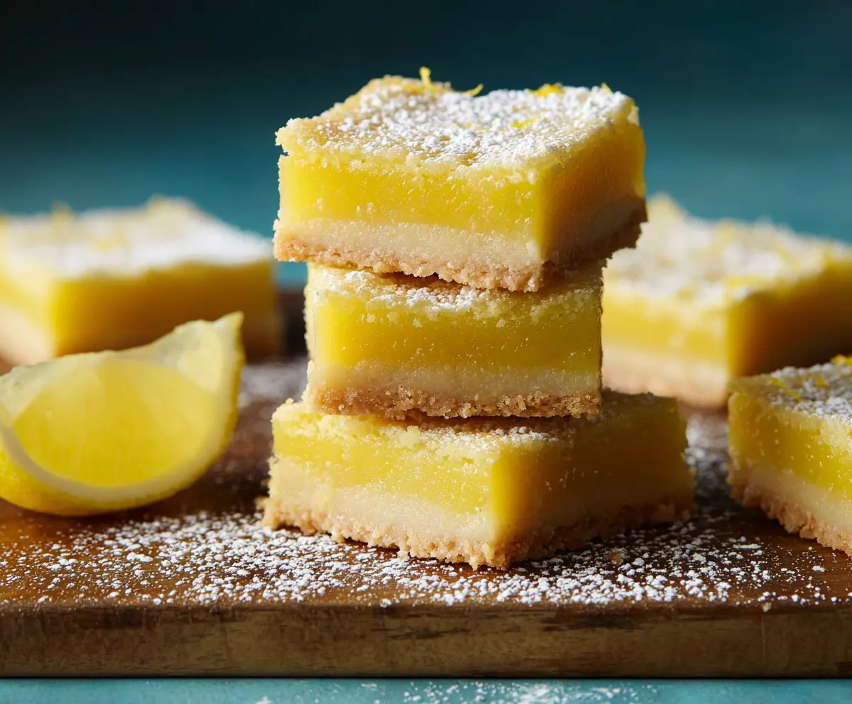 Freshly baked spring lemon bars with powdered sugar on top, garnished with lemon slices.
