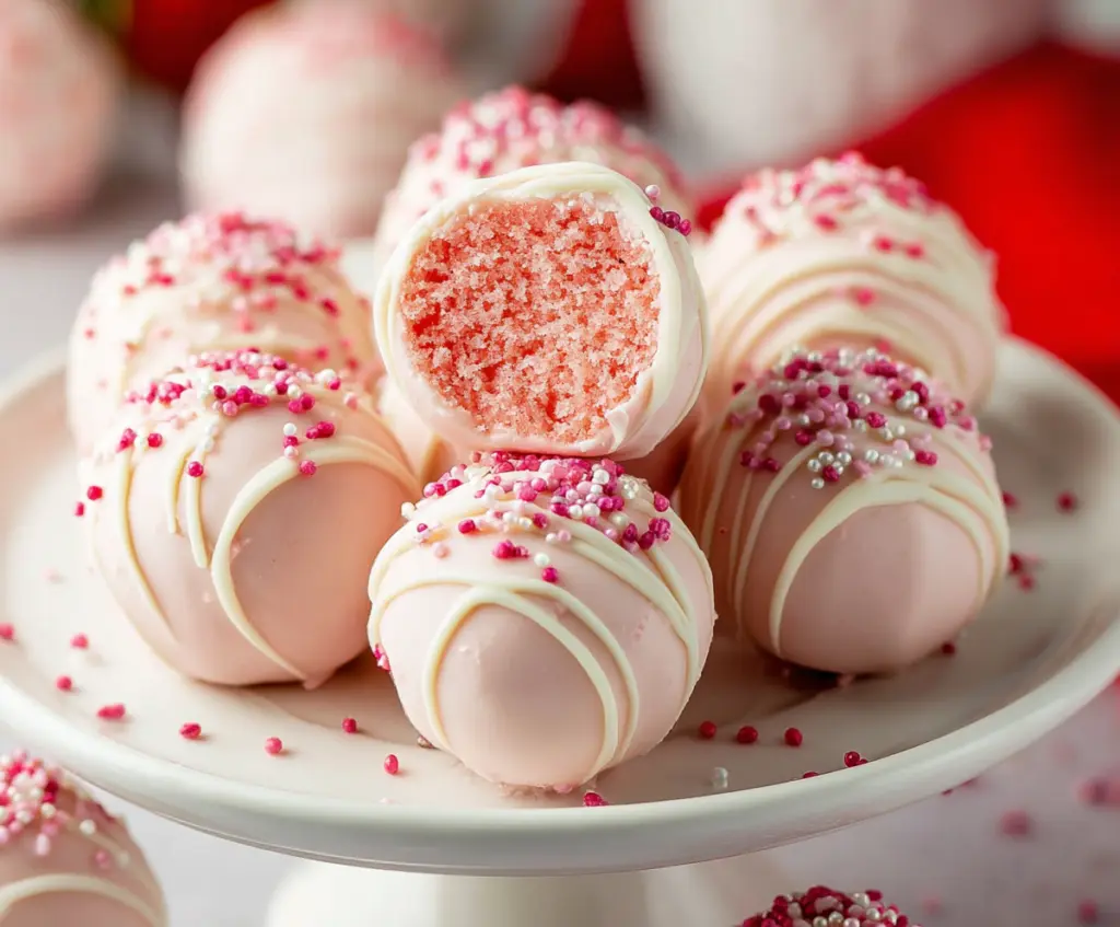 Delicious strawberry cake balls coated in chocolate for a sweet treat.