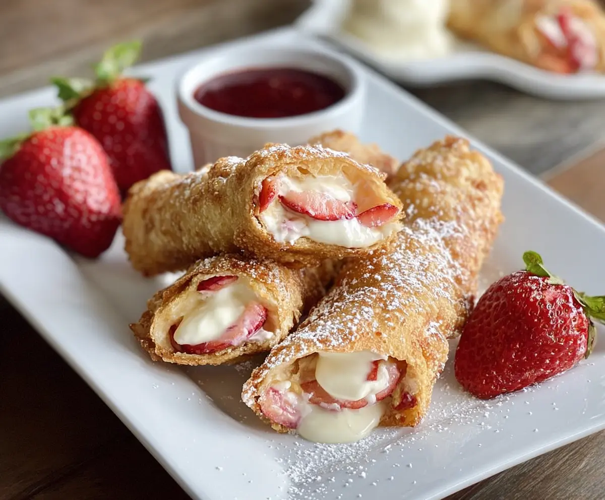 Delicious strawberry cheesecake egg rolls with creamy filling and fresh strawberry toppings.