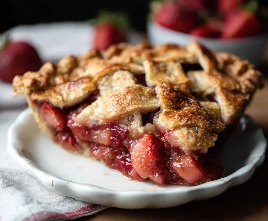 Delicious homemade strawberry rhubarb pie with a golden crust and fresh fruit filling.