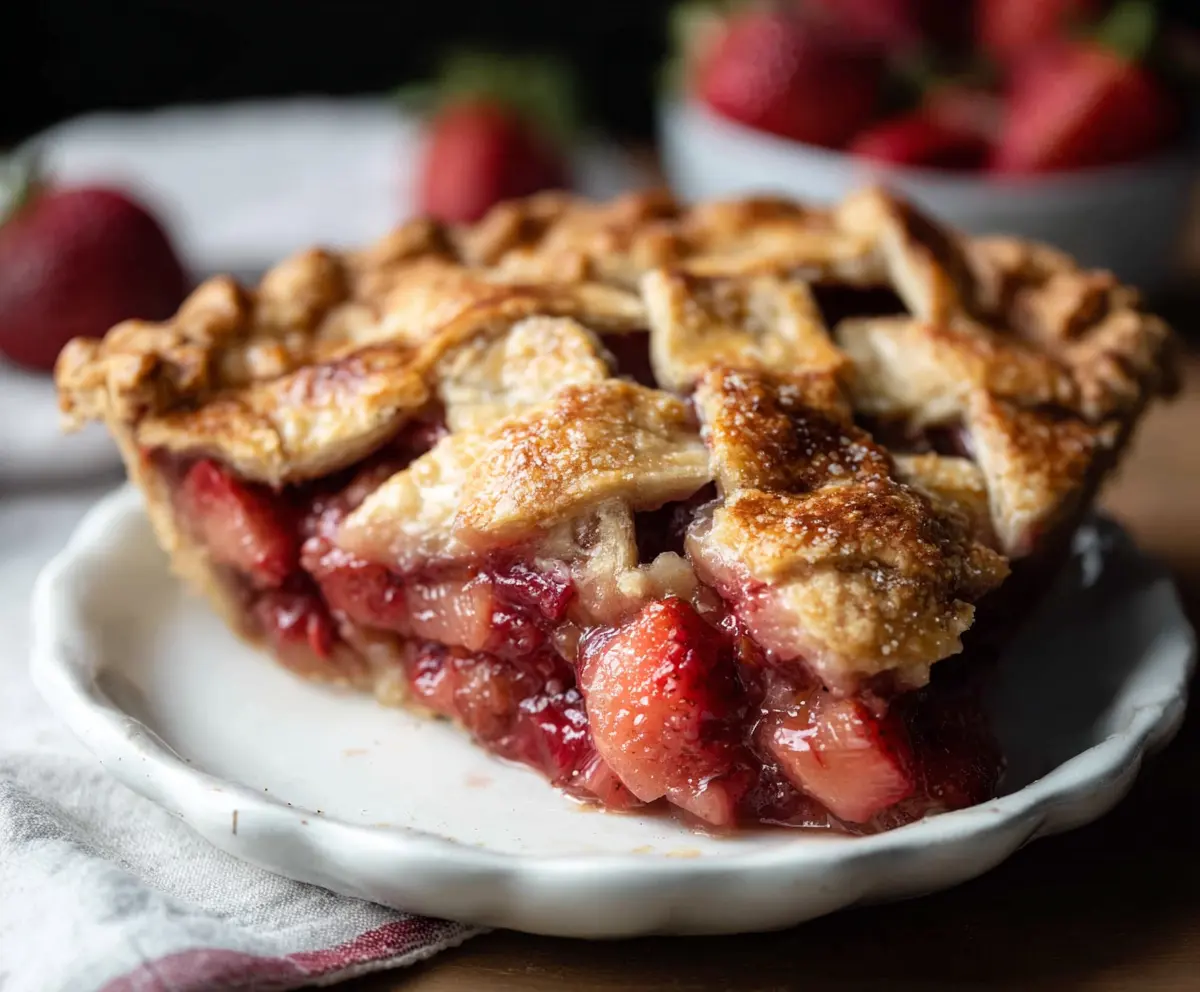 Delicious homemade strawberry rhubarb pie with a golden crust and fresh fruit filling.