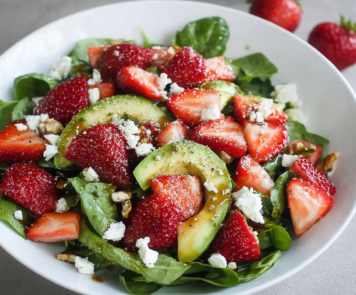 Fresh Strawberry Spring Salad with mixed greens, feta cheese, and a light vinaigrette for a healthy meal.