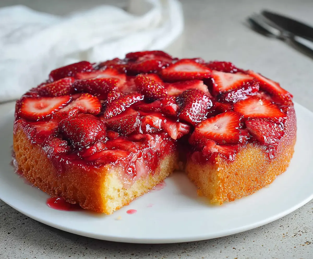 Delicious Strawberry Upside Down Cake topped with fresh strawberries and caramelized pineapple slices