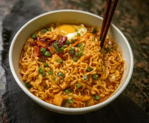 Delicious Sweet Thai Chili Ramen Noodles garnished with fresh herbs and chopped vegetables.