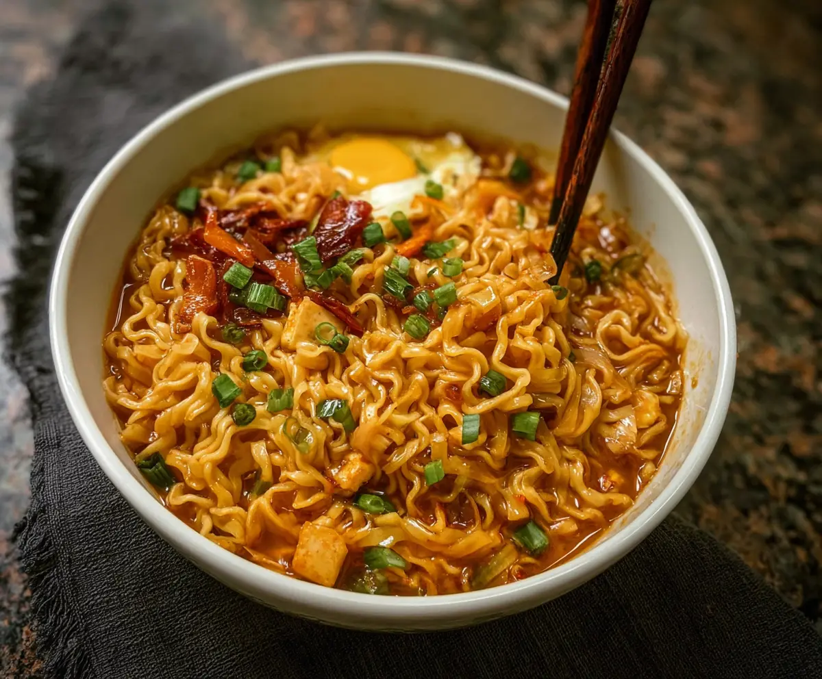 Delicious Sweet Thai Chili Ramen Noodles garnished with fresh herbs and chopped vegetables.