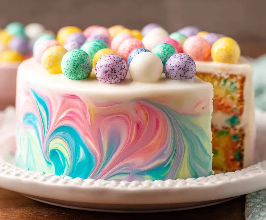 Delicious Swirled Easter Cake with colorful swirls and festive decorations