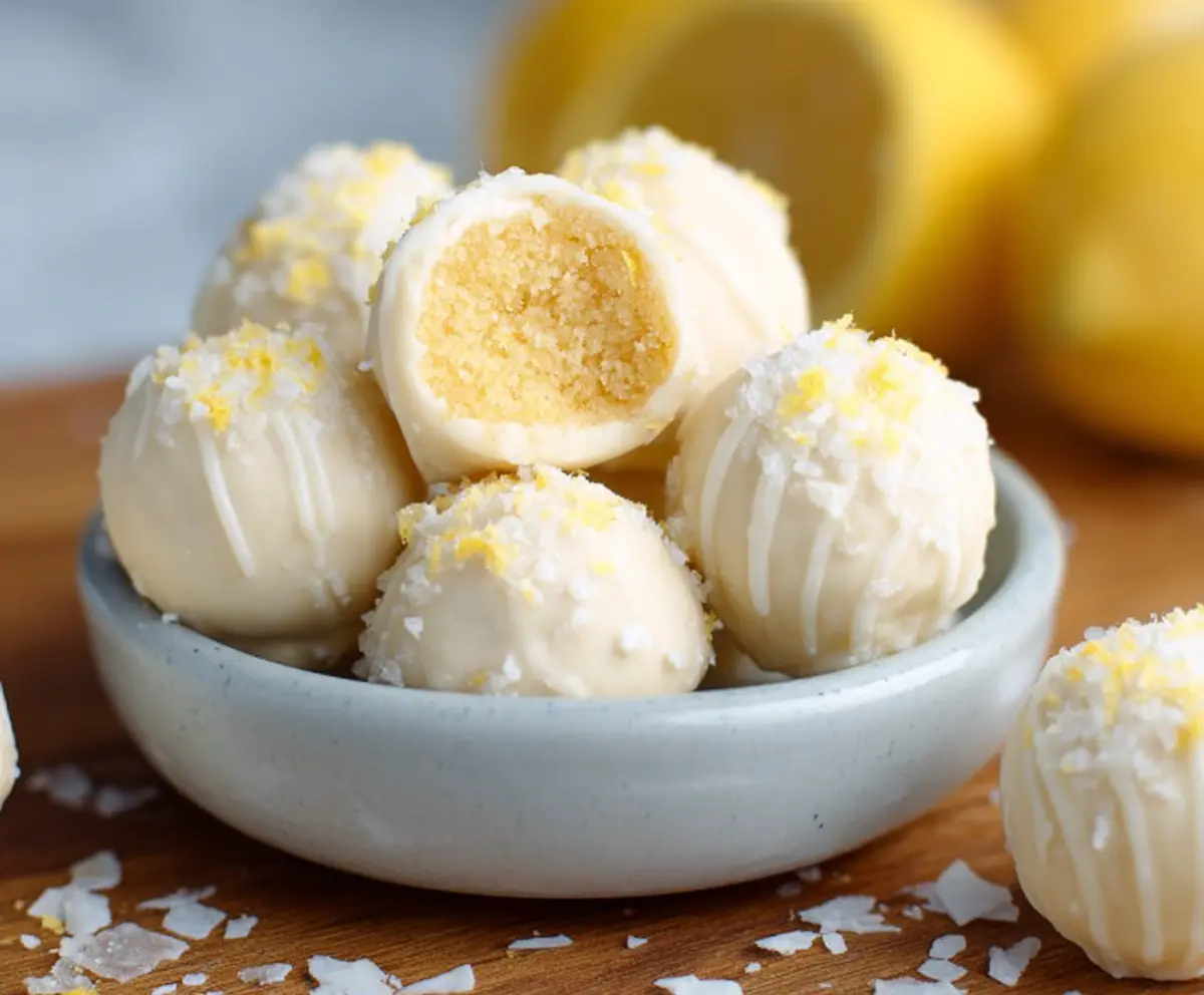 Delicious white chocolate lemon truffles on a plate with zesty lemon slices