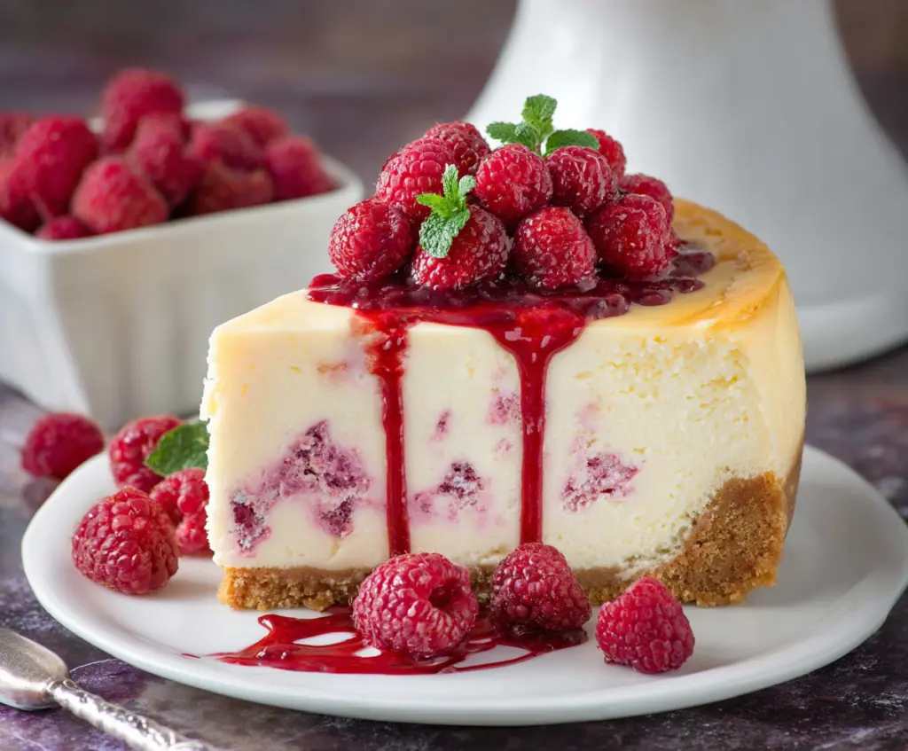 Delicious White Chocolate Raspberry Cheesecake with a creamy texture and fresh berry topping.