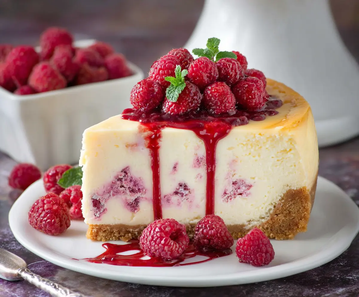 Delicious White Chocolate Raspberry Cheesecake with a creamy texture and fresh berry topping.