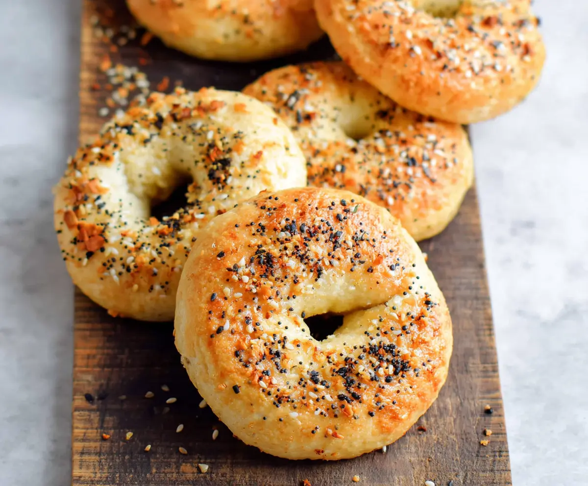 Easy homemade 3 ingredient air fryer bagels with a golden brown crust.