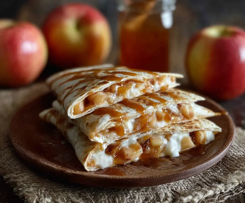 Delicious apple cinnamon breakfast quesadilla with melted cheese and fresh apple slices.