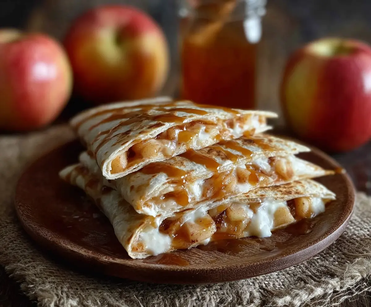 Delicious apple cinnamon breakfast quesadilla with melted cheese and fresh apple slices.