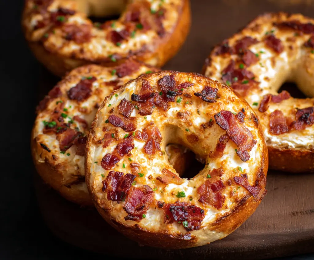 Delicious bacon and cream cheese bagels served fresh for breakfast or snack time.