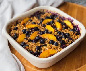 Delicious baked blueberry peach oatmeal in a baking dish, topped with fresh fruits and oats