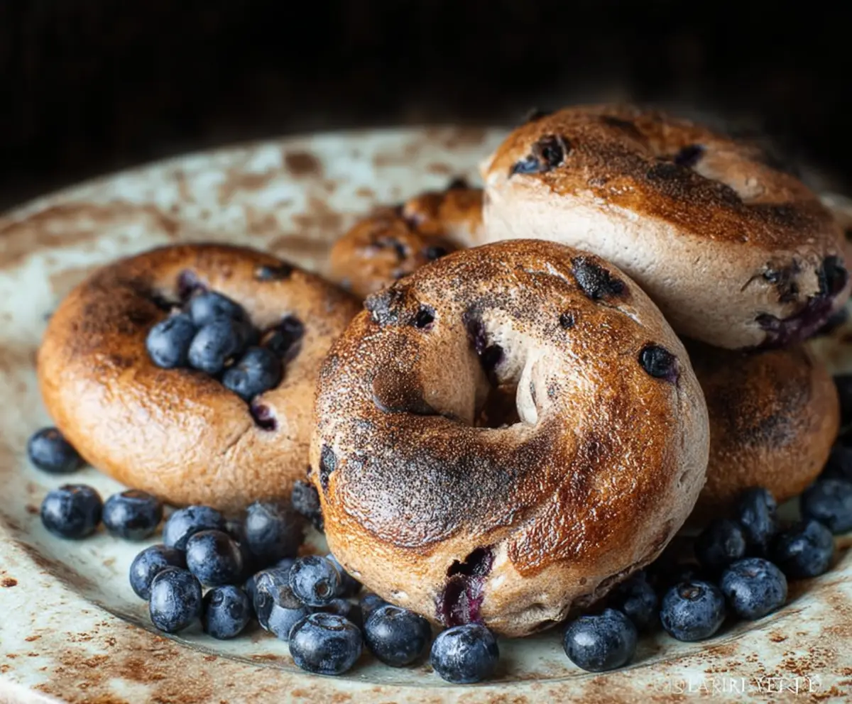 Freshly baked blueberry bagels with a golden crust and vibrant blueberries inside, perfect for breakfast or brunch.
