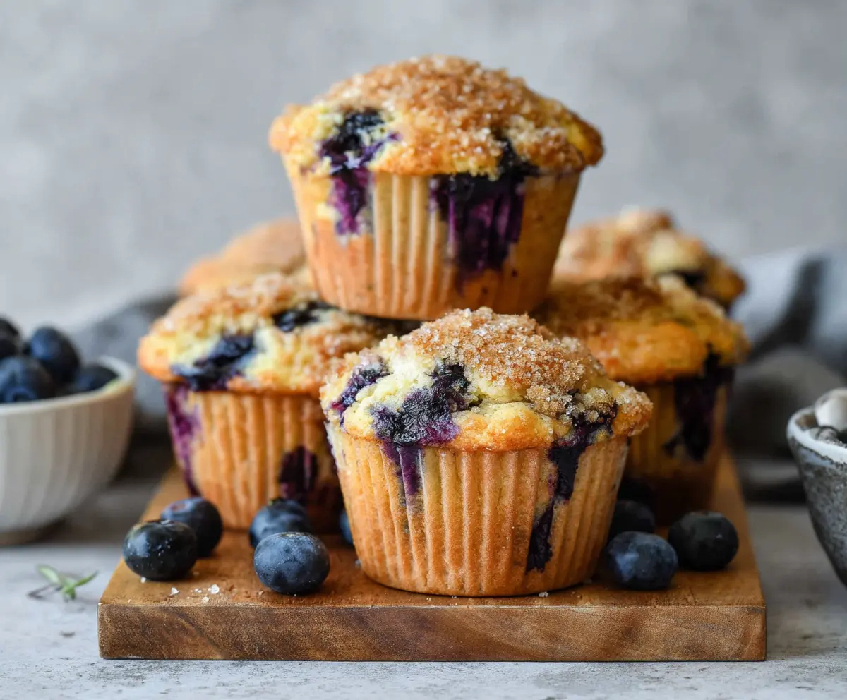 Delicious freshly baked blueberry muffins in a muffin tin, perfect for breakfast or snack time.