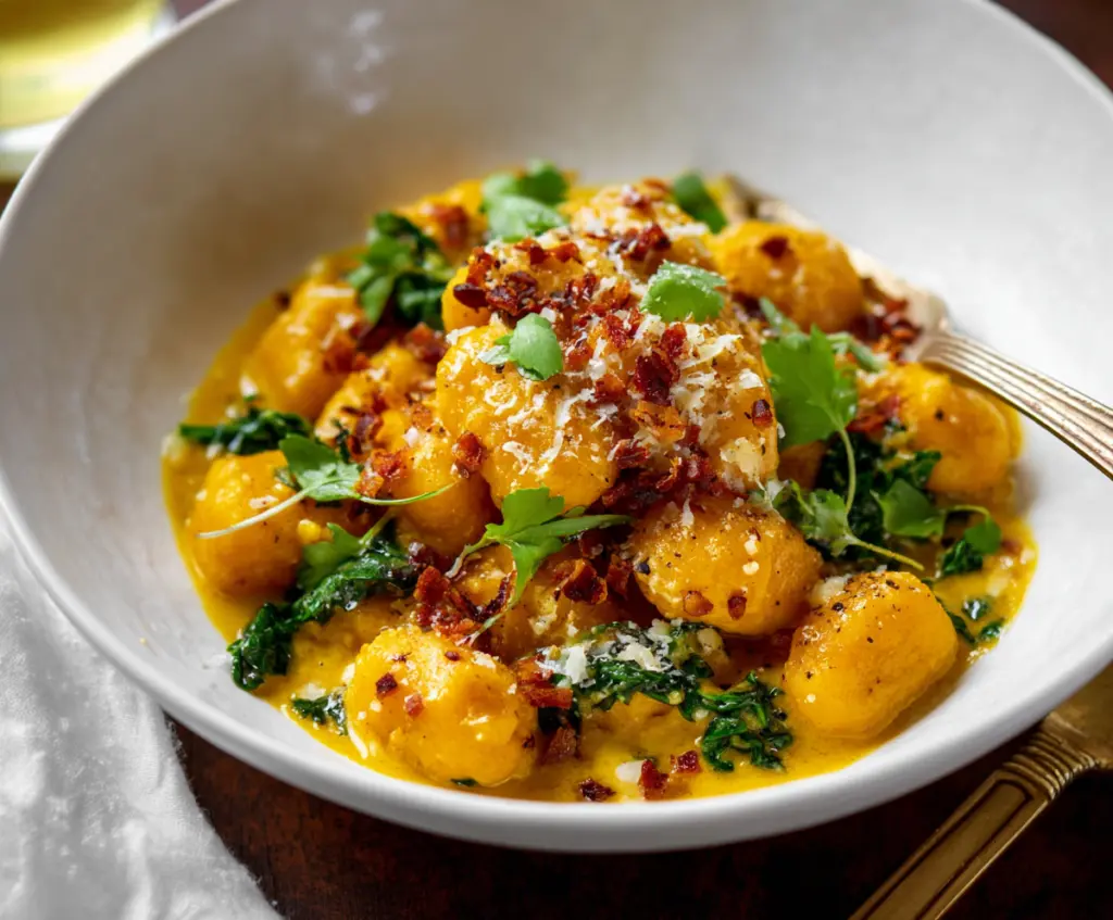 Delicious homemade butternut squash gnocchi served with sage and parmesan cheese.