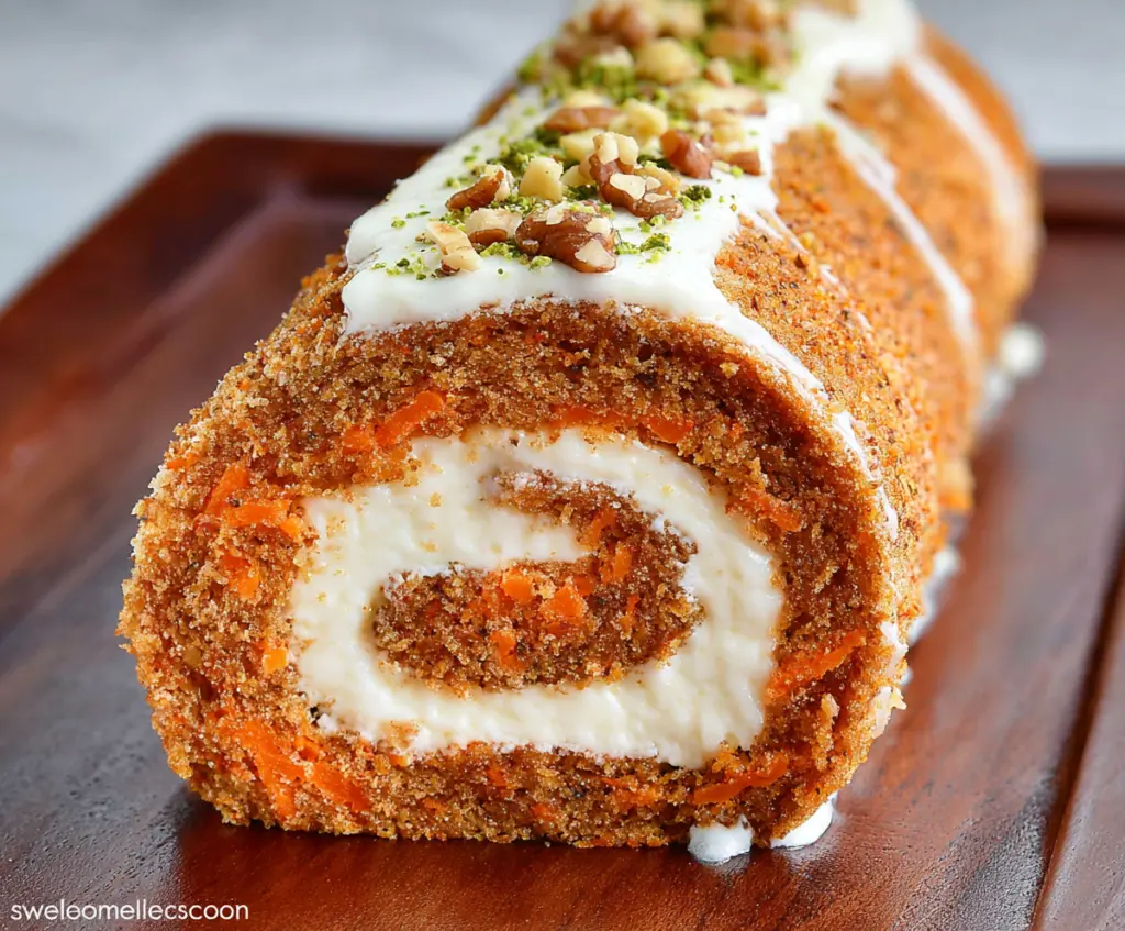 Delicious homemade carrot cake roll with cream cheese frosting, perfect for dessert or special occasions.