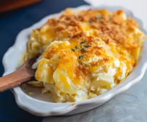 Delicious cheesy potato casserole topped with melted cheese and herbs, perfect for a comforting family meal.