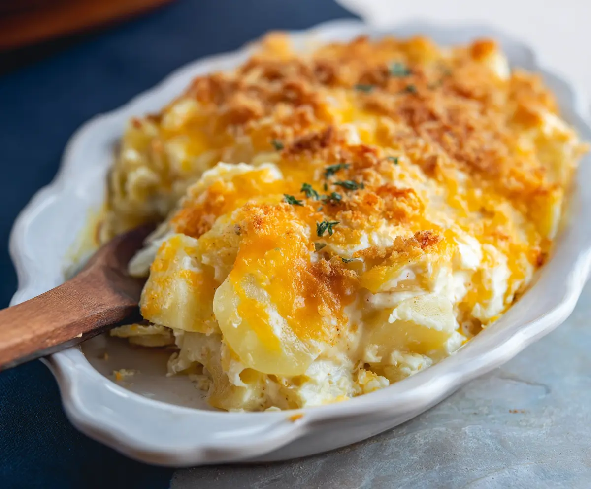 Delicious cheesy potato casserole topped with melted cheese and herbs, perfect for a comforting family meal.