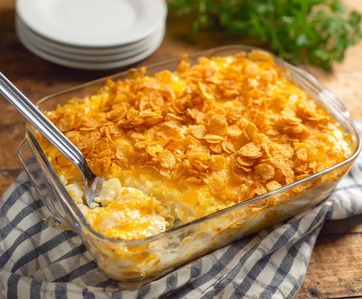 Delicious cheesy potatoes topped with crispy corn flakes, perfect for a comforting meal.