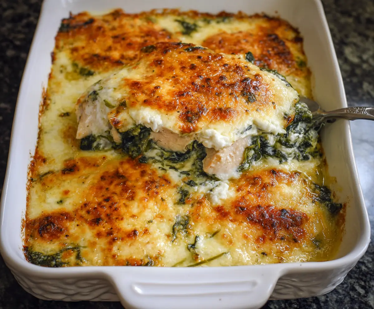 Delicious Chicken and Spinach Casserole with Cream Cheese, baked to perfection for a hearty meal.