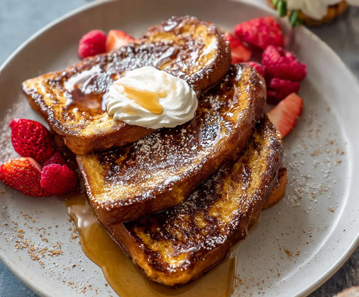 Delicious cinnamon French toast topped with powdered sugar and served with fresh berries.
