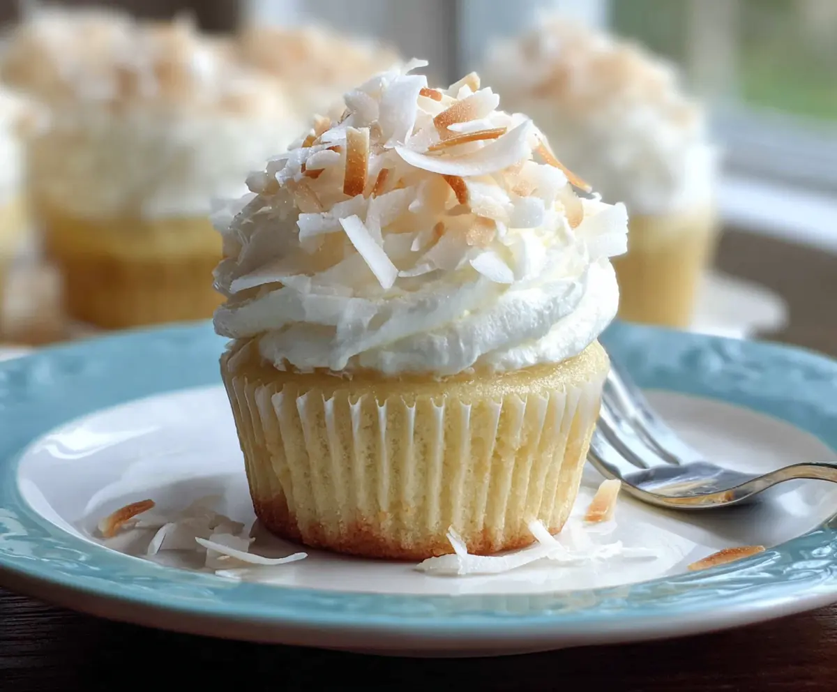 Delicious coconut cream pie cupcakes topped with whipped cream and toasted coconut for a tropical dessert treat.
