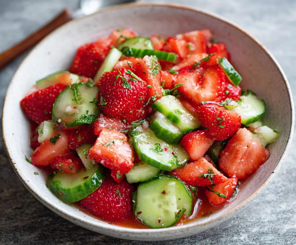 Fresh cucumber and strawberry salad with mint, perfect for a healthy summer meal.