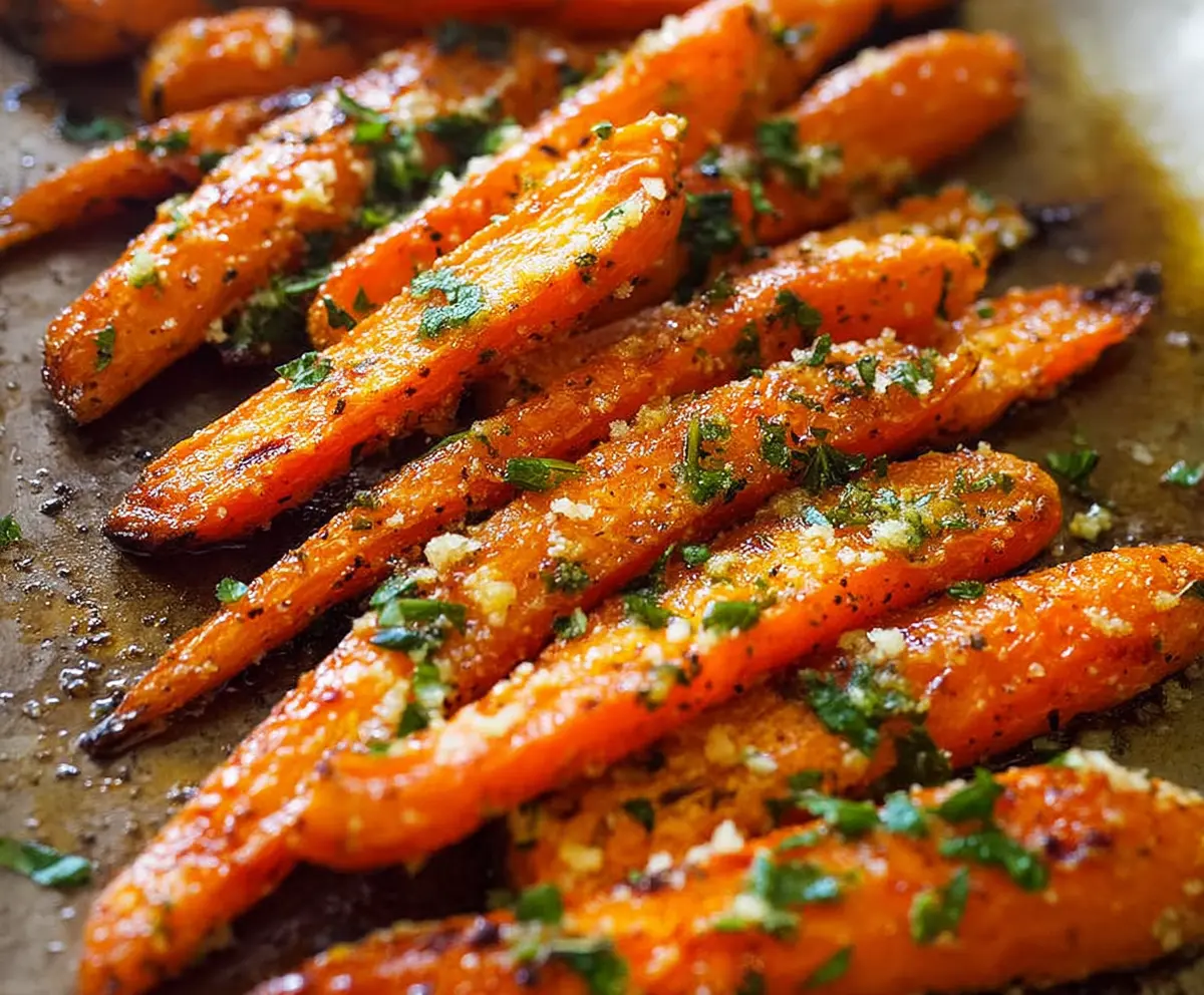 Delicious garlic parmesan roasted carrots served on a plate, perfect for healthy snacks or side dishes.