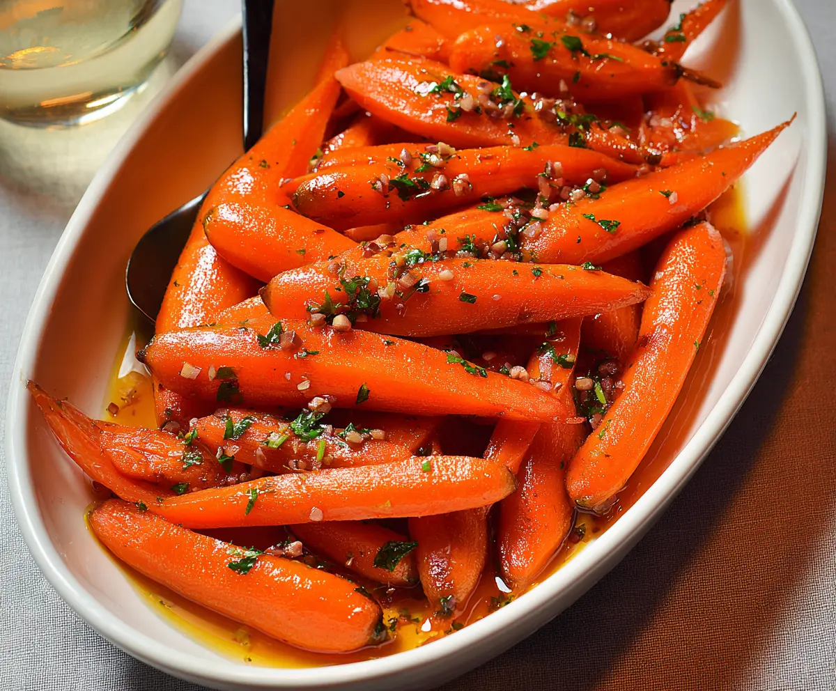 Delicious glazed carrots recipe served on a white plate, glazed with honey and garnished with herbs.