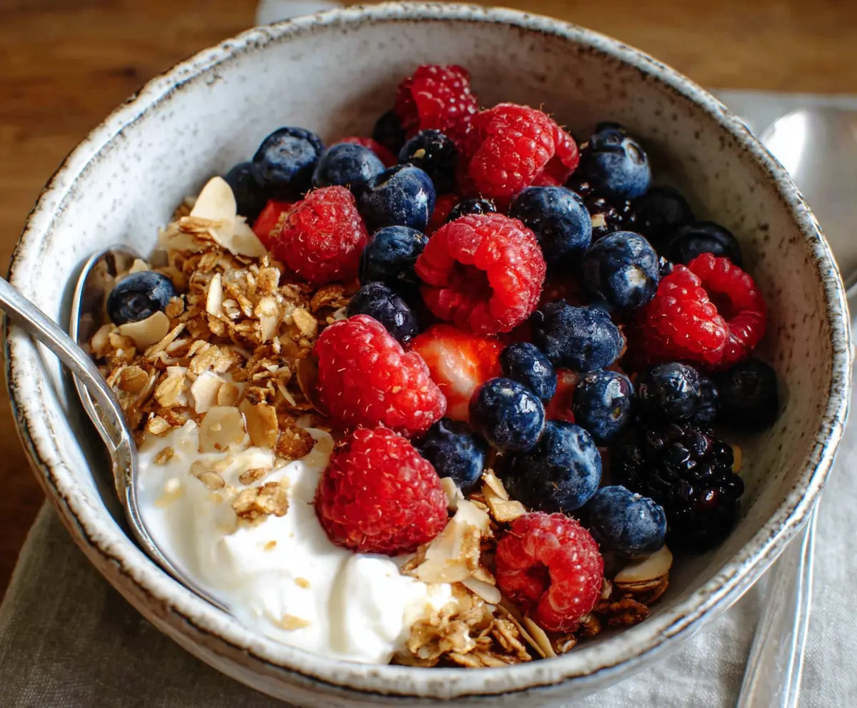 Creamy Greek yogurt bowl topped with fresh berries and honey for a healthy snack.