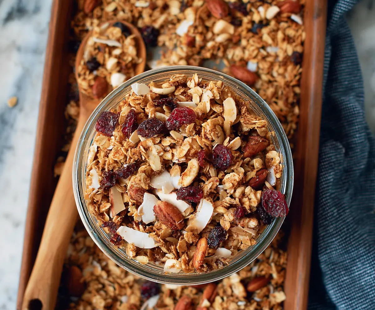 Bowl of healthy homemade granola with oats, nuts, and dried fruits for a nutritious breakfast.