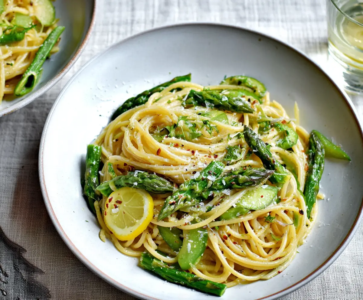Delicious Lemon Asparagus Pasta served on a white plate with fresh herbs