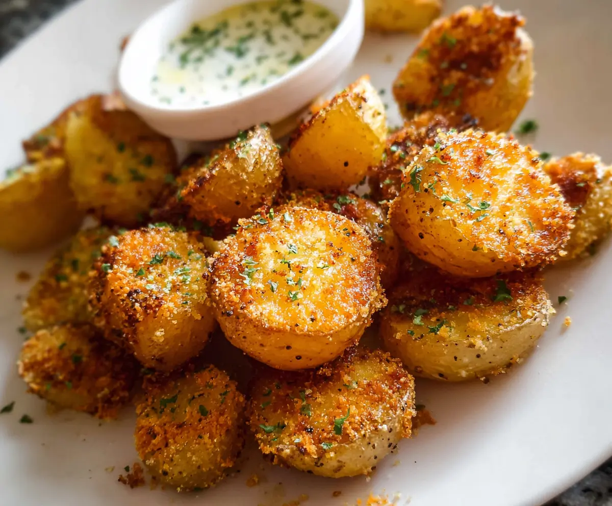 Golden Parmesan crusted baby potatoes served as a delicious side dish