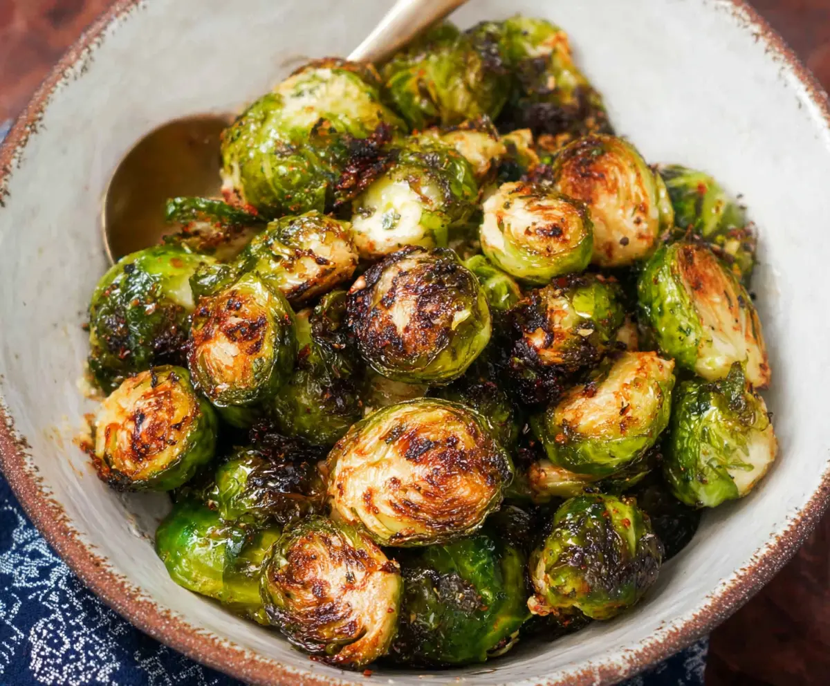 Crispy roasted Brussels sprouts served as a healthy side dish.