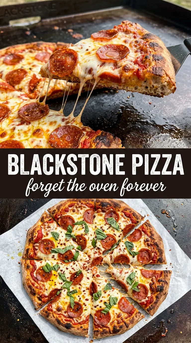 Pizza on a Blackstone griddle, crispy crust, bubbly cheese